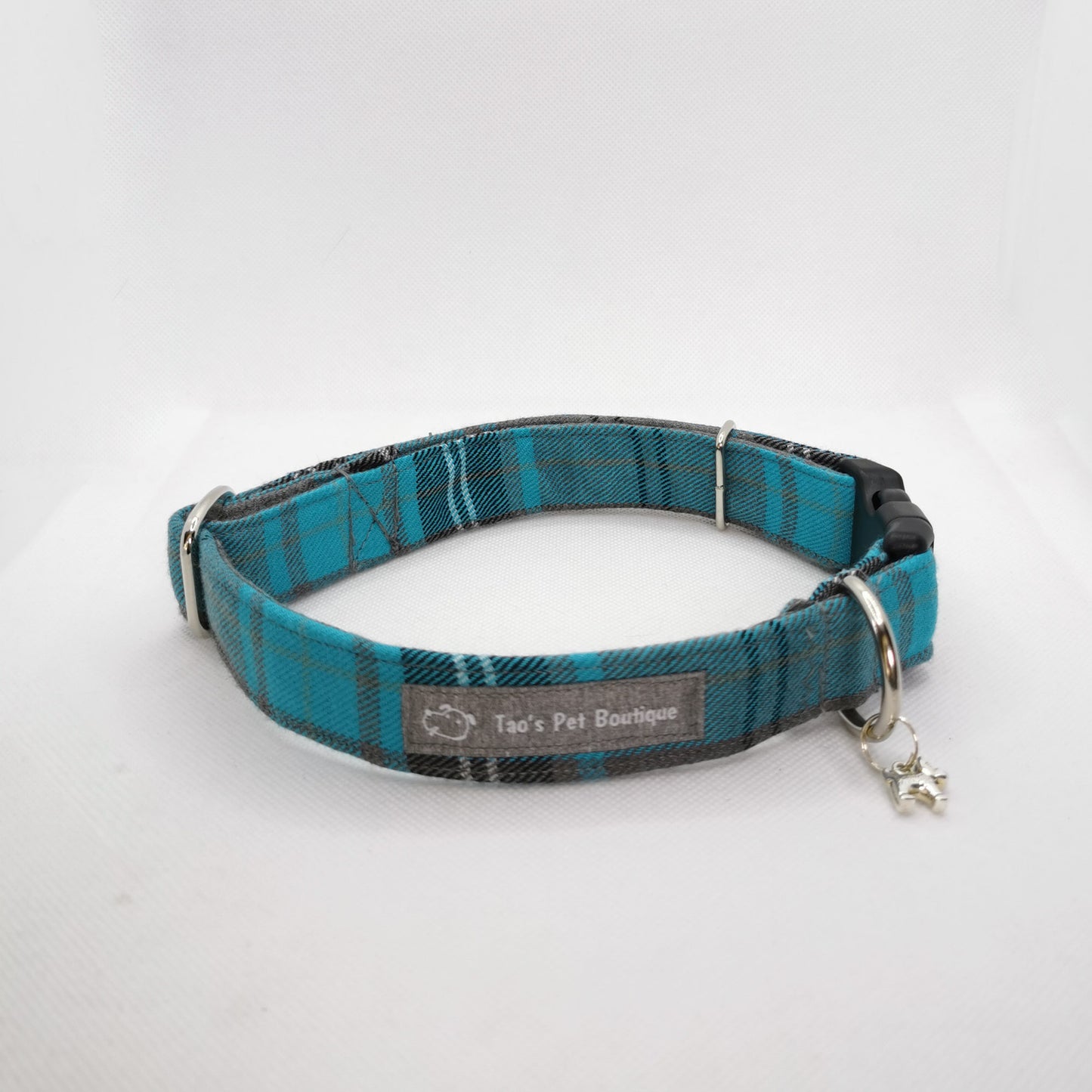 Turquoise and  Grey Tartan Dog Collar