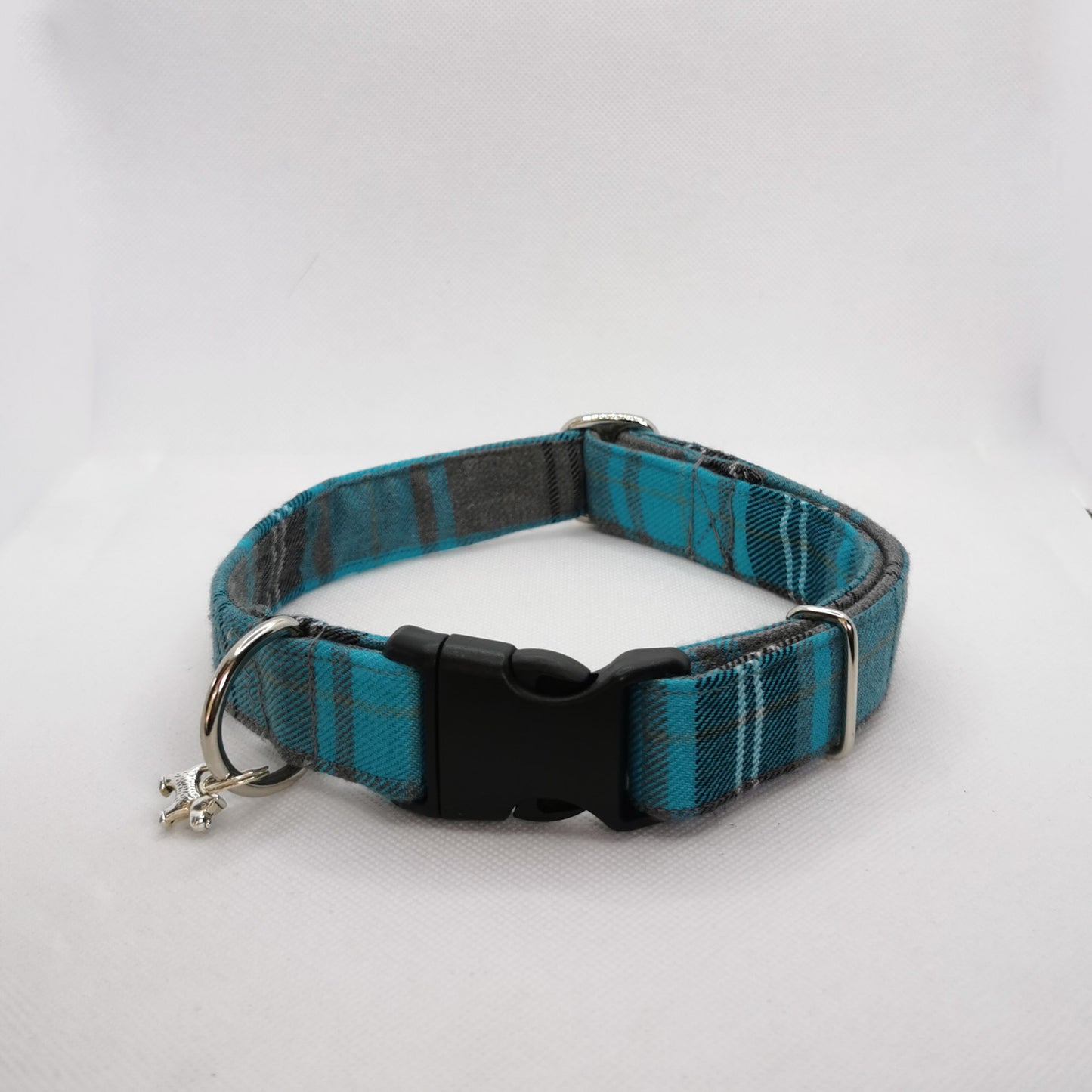 Turquoise and  Grey Tartan Dog Collar