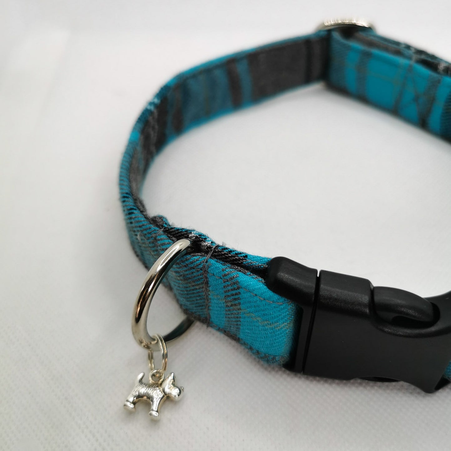 Turquoise and  Grey Tartan Dog Collar