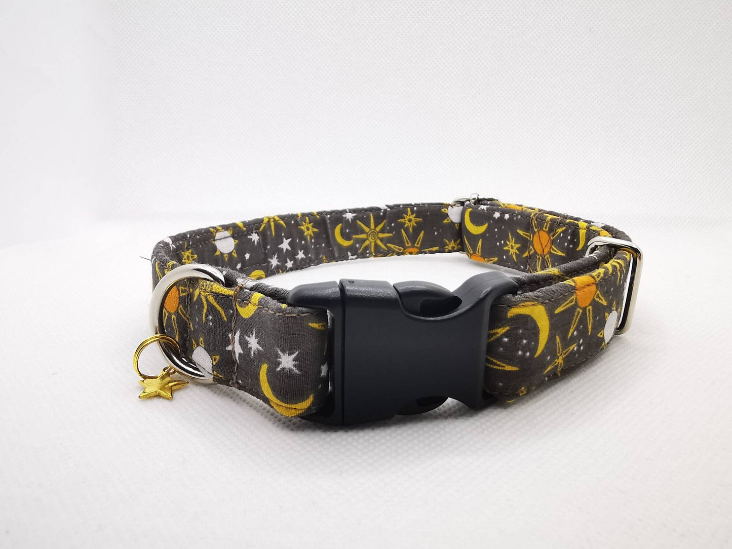 Star and Moon dog collar in brown fabric 